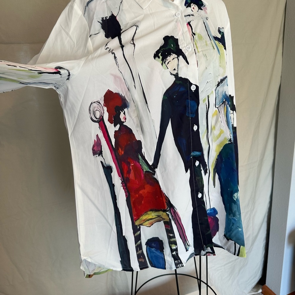 NWOT Artistic Print Button-Up Shirt long sleeve blouse XL Shein multicolor white - Picture 9 of 16